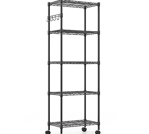 Himimi Scaffali in Metallo a 5 Ripiani con Ruote, Regolabile in Altezza Scaffalatura per Riporre Oggetti Pesanti,Organizzatore per Garage, Cucina, Soggiorno,59cmW * 35cmD* 183cmH Nero.