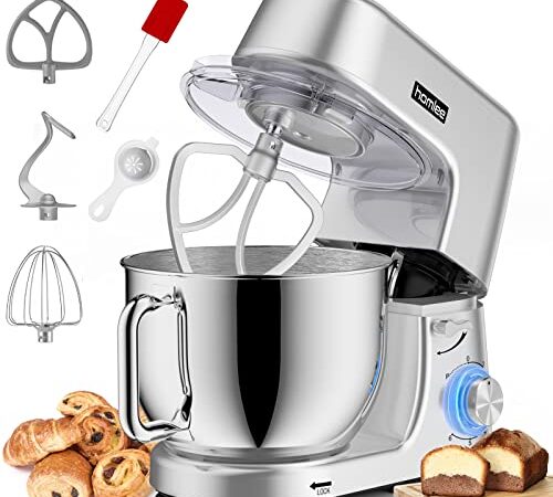 Homlee Impastatrice Planetaria, 1800W Robot da Cucina, Ciotola in Acciaio Inox da 7.2L, 6 Velocità, Mixer Impastatrice Professionale, Basso Rumore con Gancio impastare, Protezione da Spruzzi, Frusta