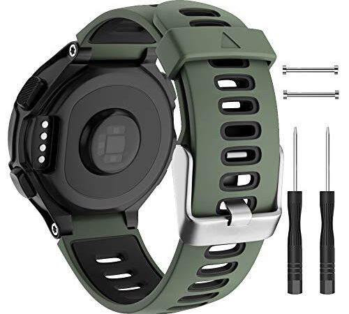 ISABAKE - Cinturino per Orologio Garmin Forerunner 735XT, in Morbido Silicone con Fibbia in Metallo, Misura Regolabile, Compatibile con Garmin Forerunner735xt/220/230/235/620/630 (verde militare nero)