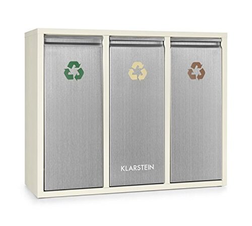 KLARSTEIN Ordnungshüter 3 - Pattumiera, Bidone Immondizia, Raccolta Differenziata, 3 Scomparti, 45 Litri (3 x 15 L), Chiusura Ermetica trattieni Odori, Acciaio Inox, Beige-Crema