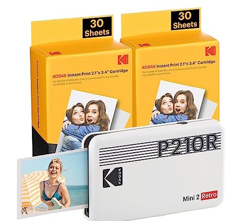 KODAK Mini 2 Retro 4PASS Stampante Fotografica Portatile (5.3x8.6cm) + Pacchetto con 68 Fogli, Bianco