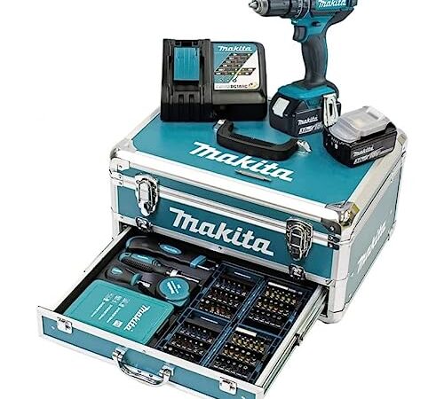 Makita DHP482RFX9 - Trapano avvitatore a percussione a batteria, 18 V/3,0 Ah, 2 batterie + caricatore in valigetta di alluminio + set di accessori da 96 pezzi