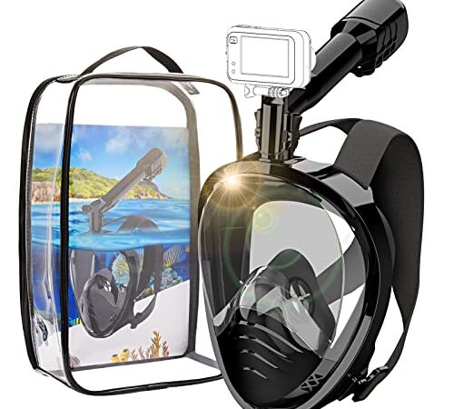Maschera Subacquea, Maschera Snorkeling Visuale Panoramica 180° Pieno Facciale Anti-appannamento e Anti-Infiltrazioni Compatibile con Videocamere Sportive Maschera da Snorkeling per Adulti (M)
