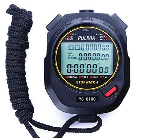 PULIVIA Cronometro Sportivo,Cronometro Digitale con Memoria a 100 Giri,Timer Conto alla Rovescia Calendario 12/24 Ore con Sveglia, Display Widescreen a 3 Righe Cronometro(Nero)