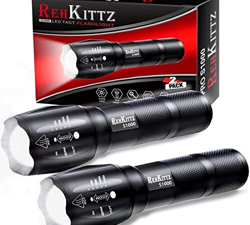 REHKITTZ Torcia Super Luminosa Portatile LED (Confezione da 2), 2000 Lumen Torcia Elettrica, Militare,Tattica,Impermeabile IP44 e 5 Modalità Di Illuminazione