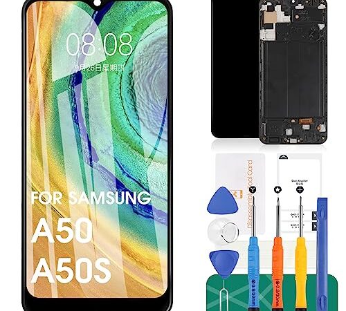 Schermo di ricambio per Samsung Galaxy A50 A505FN A505GN Display LCD OLED da 6,3", schermo touch screen con pellicola temperato + un set di strumenti (nero+telaio)