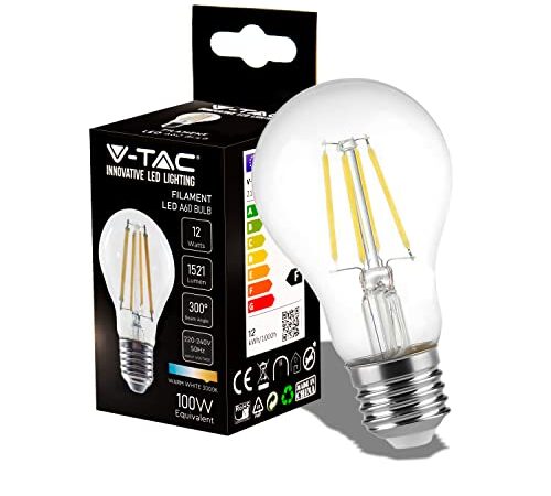 V-TAC Lampadina LED a Filamento con Attacco E27 12W (Equivalenti a 100W) A60 - 1521 Lumen - Massima Efficienza e Risparmio Energetico - 3000K Luce Bianca Calda, VT-2133