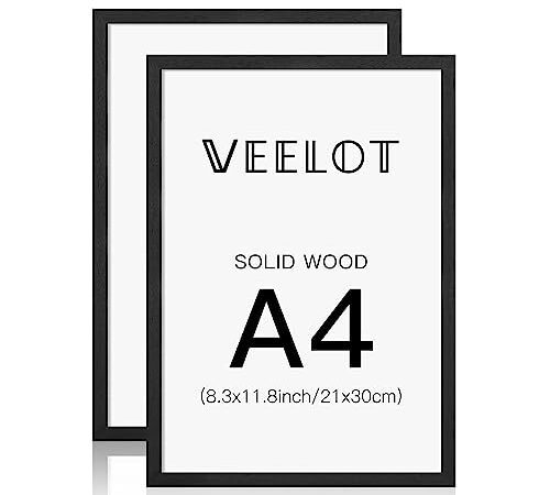 Veelot Cornice A4 nero in legno massiccio set di 2 cornici con plexiglass HD per la decorazione della casa per documenti certificati galleria (21x30 cm)