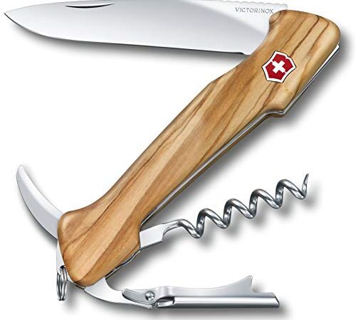 Victorinox, Wine Master, coltellino svizzero con manico in legno (6 funzioni, cavatappi) custodia in pelle, legno d’olivo