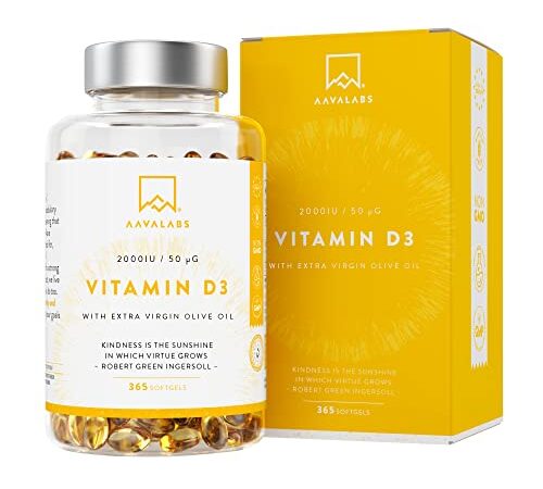 Vitamina D3 2000 UI [Fornitura di 1 Anno] - Integratore Vitamina D 2000 UI con Olio EVO per assorbimento ottimale - Non OGM - Contribuisce alla funzione ossea, muscolare e immunitaria - 365 Capsule