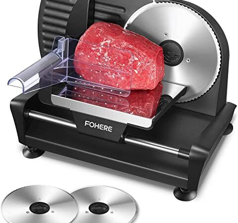 Affettatrice Elettrica da Casa, FOHERE 200W Affettatrice Professionale con 2 Lame in Acciaio Inossidabile, Affettatrice con Spessore Regolabile 0-15 mm per Salumi,Prosciutto e Verdure, Nero