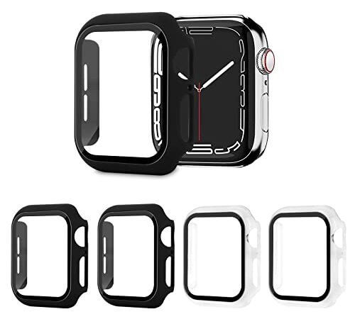 AOTUAO 4 Pezzi Cover Compatibile con Apple Watch SE 6 5 4 44mm con Vetro Temperato, Protettore Schermo e Pellicola Protettiva (2 Nero+2 Trasparente)
