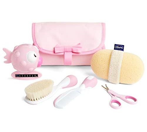 Chicco My First Beauty Set 5in1, Set Chicco Igiene Neonato, Prodotti Bagnetto Neonato, con Pettine, Spazzola, Frobicine per Unghie, Termometro da Bagno e Spugna, Accessori Neonato 0 Mesi, Rosa