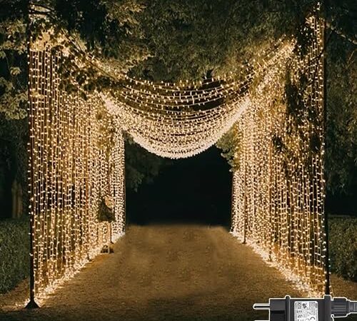 Dekofun Tenda Luminosa Natale 600 LED 6m x 3m Tenda Luci con Timer, 8 Modalità Prolungabile Tenda Luminosa Interno Impermeabile Luci Natale Esterno Cascata per Giardino, Matrimonio - Bianco Caldo