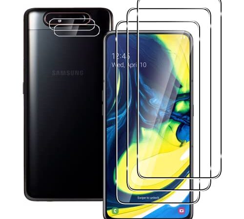 FWang 3 Pezzi Vetro Temperato per Samsung Galaxy A80,con 2 Pezzi di Protezione Fotocamera,Durezza 9H,Anti Graffio,Senza Bolle,HD Pellicola Protettiva