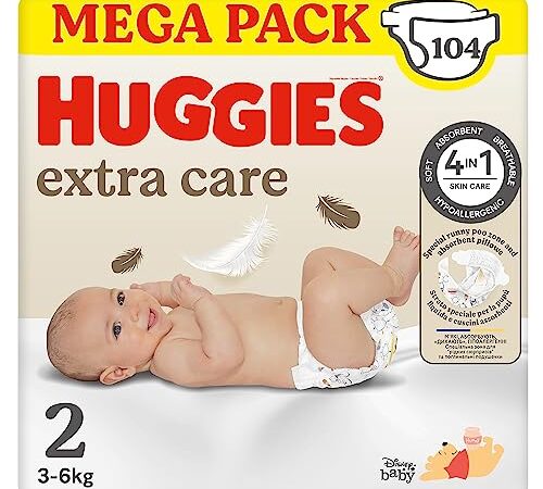 Huggies Pannolini Extra Care Bebè, Taglia 2 (3-6Kg), Confezione da 104 Pannolini (Megapack)