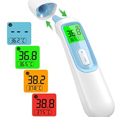 IDOIT Termometro Professionale per febbre 4 in 1 Termometro digitale infrarossi Commutazione automatico tra Termometro frontale auricolare memorizza 40 letture per Adulti, Neonati, Bambini