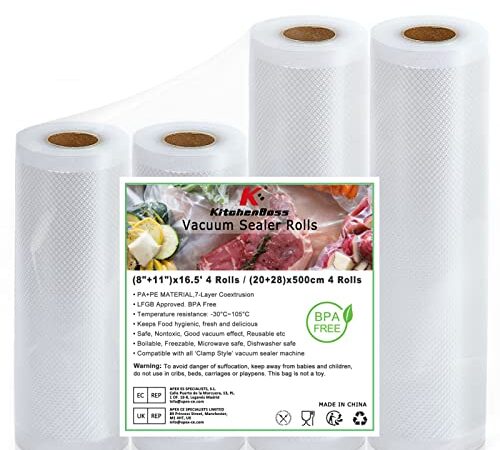 Kitchenboss Sacchetti Sottovuoto Per Alimenti: 4 Rotoli 20|28| x500 cm, Senza Bpa, Liberi Di Tagliare, Durevole, Adatti Per Microonde Congelamento Della Conservazione Alimenti e Cottura Sous Vide