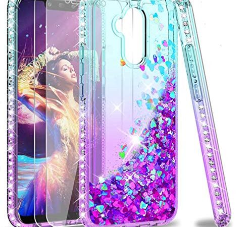 LeYi Custodia Huawei Mate 20 Lite Glitter Cover con Vetro Temperato [2 Pack],Brillantini Diamond Sabbie Mobili Bumper Case Custodie Per Huawei Mate 20 Lite Donna ZX Turquoise Purple Gradient