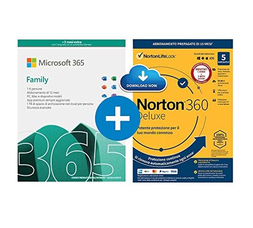 Microsoft 365 Family | fino a 6 persone | 1 abbonamento annuale |12+3 Mesi | PC/Mac | Codice d'attivazione via email + NORTON 360 Deluxe |15 Mesi - Codice d'attivazione via email