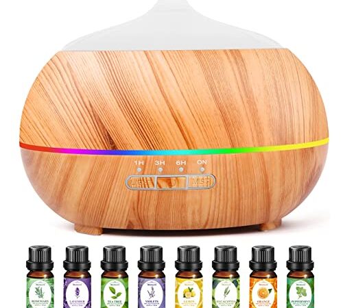 Moisturnt Diffusore di Oli Essenziali Umidificatore Ultrasuoni: 500ML Diffusore di Aromi con 8x10ml Oli Essenziali- Ambienti Legno con 7 Colori LED Vaporizzatore Elettrico per Casa Ufficio Spa Yoga