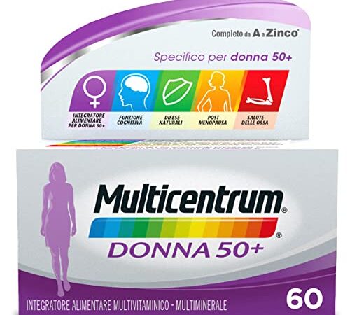 Multicentrum Donna 50+, Integratore Alimentare Multivitaminico Completo, Acido folico, Vitamina D, E, Combatte Stanchezza per Donne 50+ anni, 60 Compresse