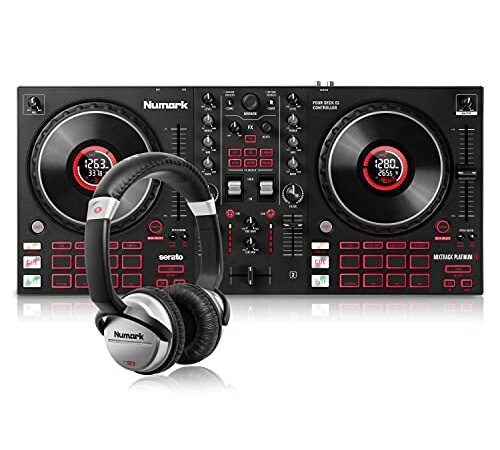 Numark Mixtrack Platinum FX + HF-125 - Console DJ con 4 Deck, Mixer DJ, Scheda Audio, Jog Wheel con Display, Effetti e Serato DJ Lite + Cuffie DJ con Filo