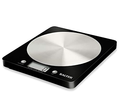 Salter 1036 BKSSDR - Bilancia elettronica a disco, vista in TV, design elegante e sottile, piattaforma in acciaio inox filato, aggiungi e pesa, liquidi e fluidi, capacità max di 5 Kg, Nero/cromato