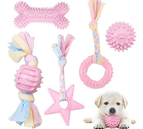 Set di Giocattoli per Cani Masticatori, 5 Pezzi Giocattoli per Dentizione per Cani Cuccioli Piccoli e Media Taglia(Rosa)