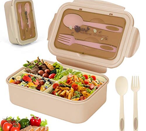 Sinwind Lunch Box, Porta Pranzo, Bento Box con 3 Scomparti e Posate(Forchetta e Cucchiaio), per Microonde e Lavastoviglie/Approvato dalla FDA/No BPA. (Beige)