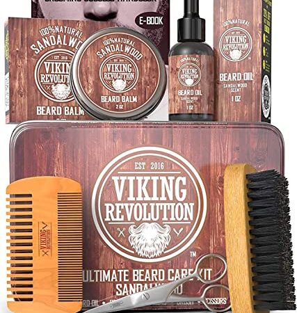 Viking Revolution Kit Rasatura Barba Uomo - Kit Barba - Spazzola Barba Setole Cinghiale, Pettine per Barba in Legno, Balsamo Barba al Sandalo, Olio Barba Uomo al Sandalo, Forbici Barba