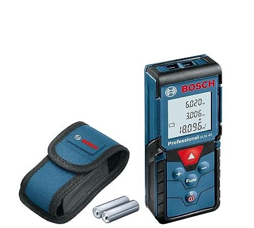 Bosch Professional Distanziometro Laser GLM 40 (con Funzione di Memorizzazione, Campo di Misurazione: 0,15 – 40 m, 2 Pile da 1,5 V, Custodia Protettiva)