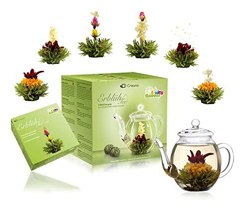 Creano - fiori di tè Set regalo con teiera di Vetro 500ml e tè verde aromatizzato alla frutta (6 varietà di fiore di tè), con sfere che si trasformano in fiori, idea regalo per Natale